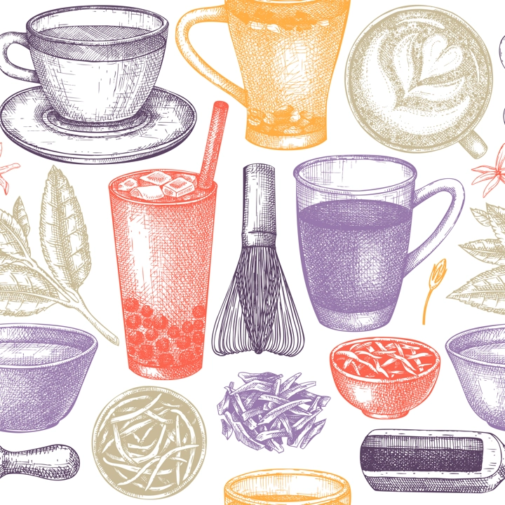 Hand-sketched tea drinks and ingredients seamless pattern. Vector backdrop with hot beverage cups, dried leaves, jasmine blossoms sketches. Popular tea background for cafe or restaurant menu design